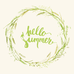 Meadow grass wreath with hello summer lettering in green colors