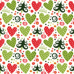Christmas pattern with trees and hearts.