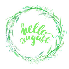Meadow grass wreath with hello august lettering inside