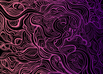 Vintage bright abstract decorative swirl crazy lines pattern, vivid gradient pink purple outline, isolated on black background.