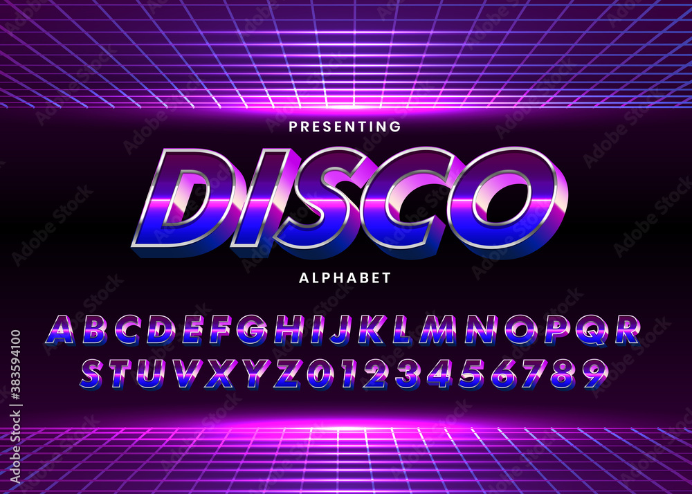 Fototapete retro futuristic 80s font style. vector alphabet with chrome effect template for game title, poster 