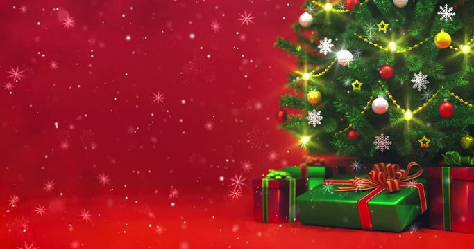 Decorated Christmas tree with many gifts and glowing lights. Winter snowfall and red festive background. Christian holiday scene as 4k video loop.
