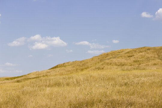 landscape with hills and blue sky. south of russia, summer. yellow grass in late August