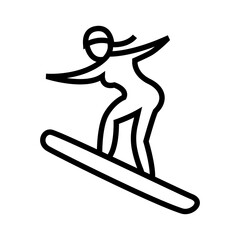 Snowboarding concept, jumping snowboard. Silhouette of a girl, outline symbol. Flat linear black and white icon, logo, pictogram. Line illustration. Vector isolated outline drawing.