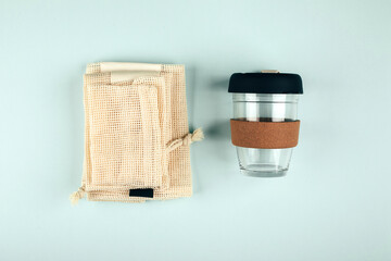 Sustainable lifestyle. Plastic free, zero waste concept. Eco shopping bags, reusable coffee mug