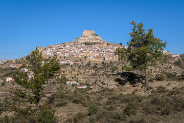 The medieval city of Morella with its walls and the castle on top of the mountain, Morella, Castellon, Spain