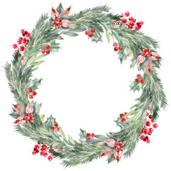 Watercolor Christmas Wreath Clipart, Hollyhock Clip Art, Watercolor Winter Clipart, Holiday Card Clipart, Festive Digital Graphics.