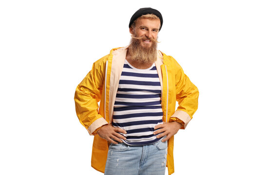 Bearded Guy With A Striped T-shirt And A Yellow Rain Coat Smiling