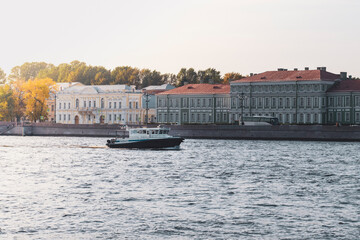 Naklejka premium Police boat on the Neva river. Saint-Petersburg.