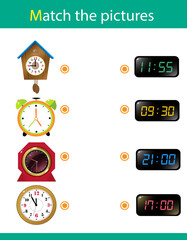 Fototapeta premium Matching game, education game for children. Puzzle for kids. Match the right object. Watches and time. Alarm clock, wall clock with cuckoo, electronic timepiece.
