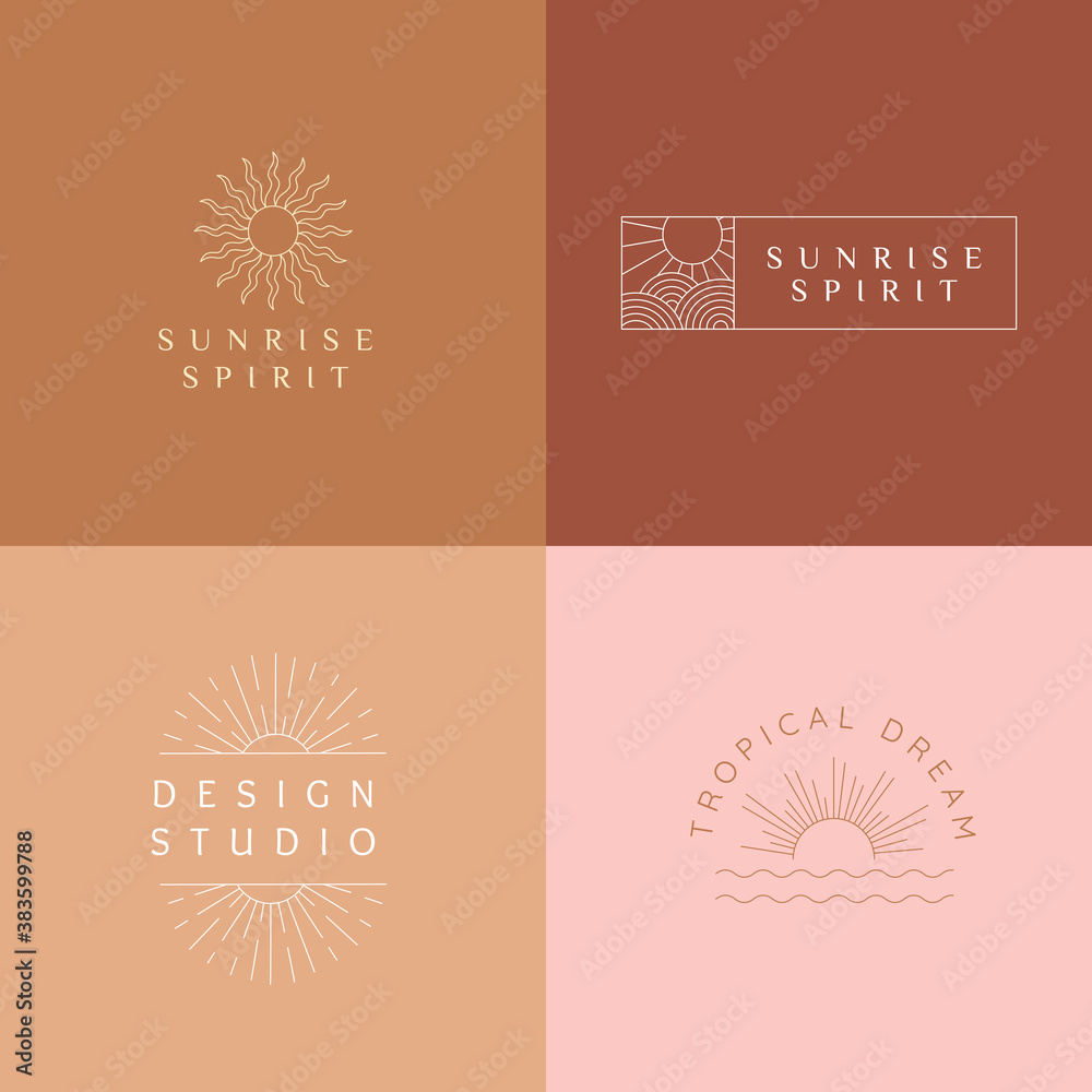 Poster Vector set of linear boho icons and symbols - sun logo design templates  - abstract design elements for decoration in modern minimalist style