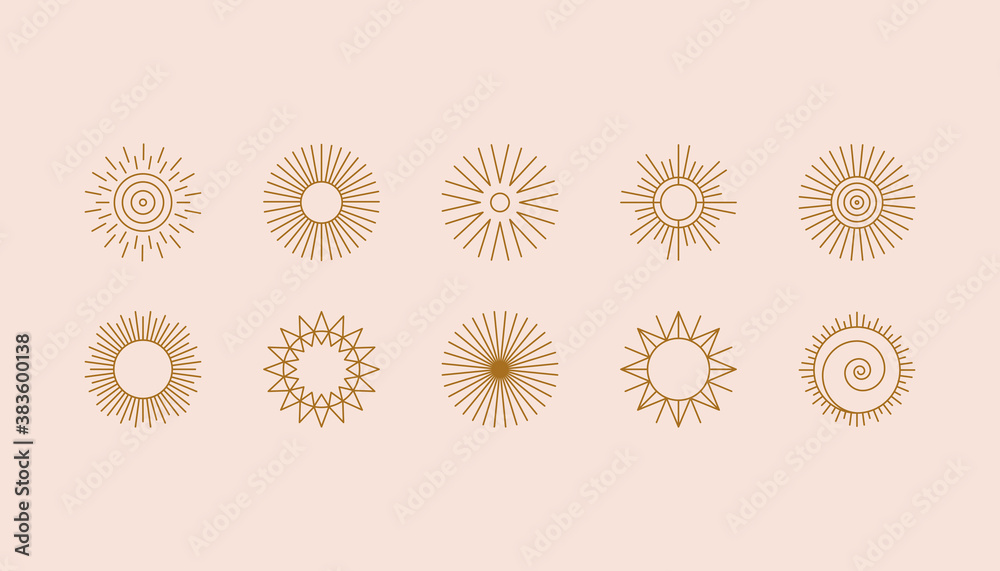 Fototapete Vector set of linear boho icons and symbols - sun logo design templates  - abstract design elements for decoration in modern minimalist style for social media posts