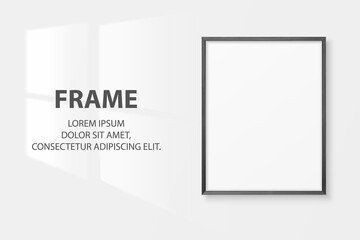 Vector 3d Realistic A4 Blank Black Wooden Simple Modern Frame on a White Wall Background. It can be used for presentations. Copy Space. Design Template for Mockup, Front View
