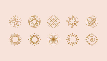 Vector set of linear boho icons and symbols - sun logo design templates  - abstract design elements for decoration in modern minimalist style for social media posts