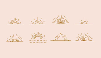 Vector set of linear boho icons and symbols - sun logo design templates  - abstract design elements for decoration in modern minimalist style for social media posts - obrazy, fototapety, plakaty