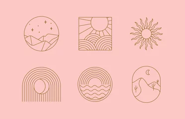 Zelfklevend Fotobehang Vector set of linear boho icons and symbols - sun logo design templates  - abstract design elements for decoration in modern minimalist style for social media posts © venimo