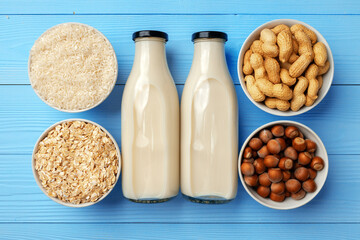 Concept of organic vegan non dairy milk with glass milk bottle and bulk products