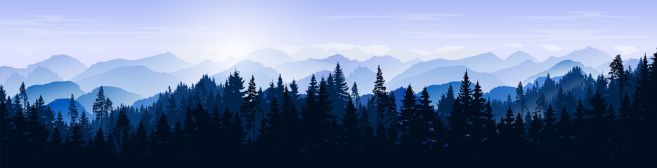 Fototapeta na wymiar Snowy mountain landscape. Vector blue silhouette of mountains, hills and forest. Holiday background with pine, spruce, Christmas tree. Winter nature. Banner with evergreen coniferous trees for website