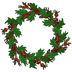 Vector illustration. Christmas wreath isolated on white. Outline drawing of a Christmas decoration. Holly and rose hips. Christmas home decoration.