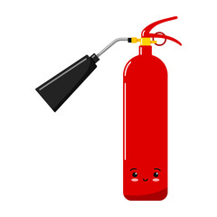 Red fire extinguisher with nozzle emoticon icon isolated on a white background. Portable cartoon fire safety mascot symbol. Flat design vector kawaii character illustration.