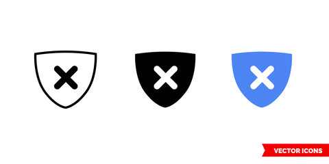 Delete shield icon of 3 types color, black and white, outline. Isolated vector sign symbol.