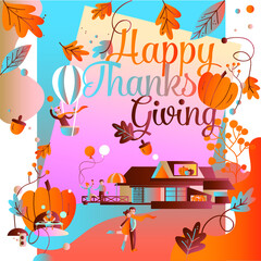 Happy Thanksgiving decoration graphics with fall leaves. Seasonal event celebration design for invitation or advertisement.  Vector illustration with typography text.