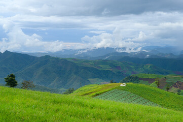 Beautiful green mountain view in rain season, Tropical climate .