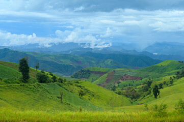 Beautiful green mountain view in rain season, Tropical climate .