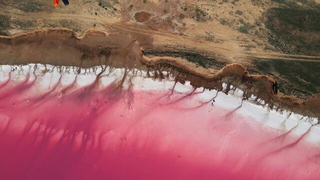 Aerial high angle drone view footage of Lemurian Lake, also called Pink Lake, Ukraine. The pink color results from red pigment secreted by microalgae in summer