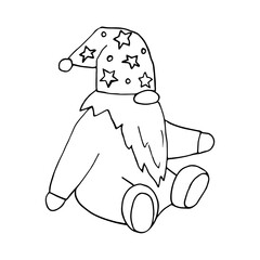 Cute gnome with a beard and a hat with stars, isolated on a white background. Vector doodle.