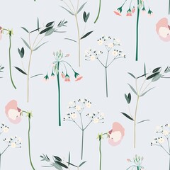 Seamless Floral Background with Blooming Wild flowers. Wallpaper in simple line style on blue grey background. 
