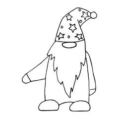 Cute gnome with a beard and a hat with stars isolated on a white background. Doodle. Freehand drawing