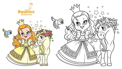Cute princess in yellow dress with cure unicorn outlined and color for coloring book