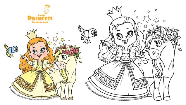 Cute princess in yellow dress with cure unicorn outlined and color for coloring book
