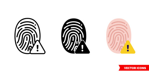 Fingerprint error icon of 3 types color, black and white, outline. Isolated vector sign symbol.