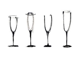 black & white hand drawing/illustration of different models of empty glasses