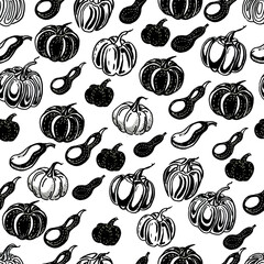 
Pumpkin vegetables stylization. Abstract hand-drawn illustration. Gafica, ink. Print, textiles. Thanksgiving, harvest festival. Autumn, autumn mood. Agriculture, farm. Seamless pattern.