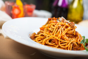 Traditional Italian pasta spaghetti with carbanara meat.