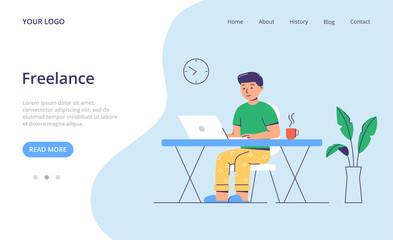 The guy is working on a laptop. Freelance or home office. Landing page template. Vector illustration in flat style.