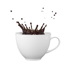 Splash of coffee in a white cup. Isolated on a white background. 3D illustration