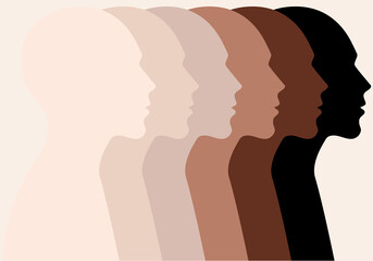 Male faces, profile silhouettes, skin colors, vector
