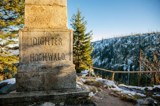 Stone monument of Adalbert Stifter at the Pl&ouml;ckenstein (Plechy) mountain above Plesne Lake in the Bohemian Forest, Sumava national park, Nova Pec, Czech Republic