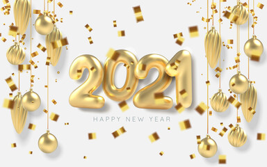 2021 Happy new year background white and gold Christmas ball in realistic style. Gold realistic serpentine. Vector