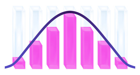Vector graphical statistical illustration of a normal distribution or Gaussian distribution diagram isolated on white. Columns with pink or purple liquid and violet curve characterizing the histogram.