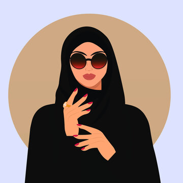 Fashion Arabic Muslim Woman In Hijab And Abaya And Sunglasses Stylish Model From United Arab Emirates Or Saudi Arabia