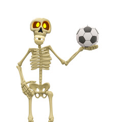 skeleton cartoon holding a football ball on his hand