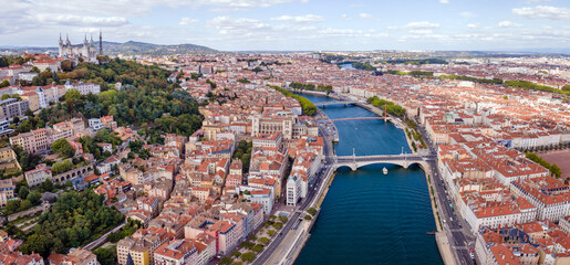 Lyon city aerial panoramic view, France, beautiful architecture of church Basilique Notre Dame de Fourviere, panorama cityscape with Saone river from above - obrazy, fototapety, plakaty