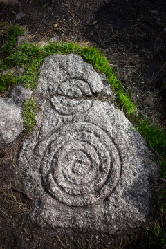 Ancient Spiral Stone Carving at Celtic Passage Tomb, Ireland