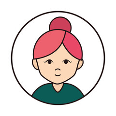 woman cartoon character portrait with bun hair, round line icon