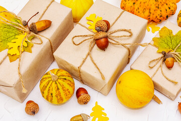 Zero waste gift concept, no plastic lifestyle, with autumn decor for Thanksgiving or Halloween